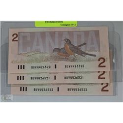 1986 CANADIAN $2.00 BANK NOTE ROBINS W/CONSECUTIVE