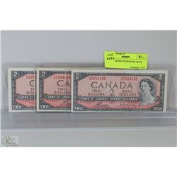 1954 CANADIAN $2.00 BANK NOTE  X3
