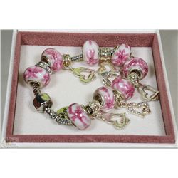 PANDORA STYLE BRACELET WITH GLASS PINK & WHITE