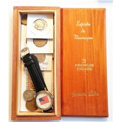 WOODEN CIGAR BOX WITH COINS, STAMPS & WATCH