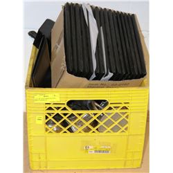 YELLOW CRATE WITH TEA POTS , MENU COVERS ETC