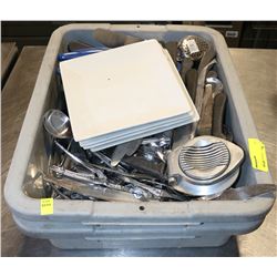 2 BUS PANS FILLED WITH UTENSILS AND CUTLERY
