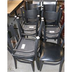 LOT OF 8 BLACK VINYL AND WOOD DINING CHAIRS