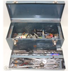 BLUE METAL BEACH TOOLBOX FULL OF TOOLS -