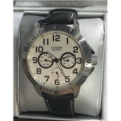 CITIZEN QUARTZ STAINLESS STEEL W/ BLACK LEATHER