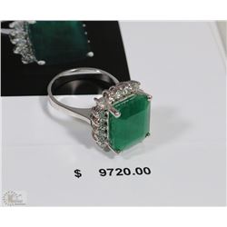 14KT WHITE GOLD DIAMOND AND EMERALD RING WITH COA