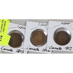 3 CANADIAN LARGE ONE CENT COINS INCL 1903,1906 &