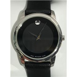 MOVADO STAINLESS STEEL W/ BLACK LEATHER STRAP