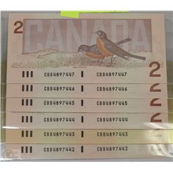 1986 CANADIAN $2 ROBIN BANK NOTES W/ CONSECUTIVE