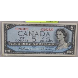 1954 CANADIAN $5.00 BANK NOTE