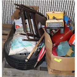 PALLET OF OF MISC. INCL TIRES, STORAGE COMPARTMENT