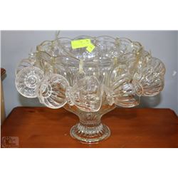 VINTAGE GLASS PUNCH SET - BOWL WITH STAND, 12 CUPS
