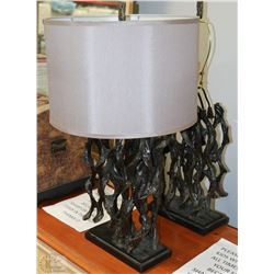 PAIR OF WOOD STYLE SHOWHOME LAMPS WITH ONE SHADE