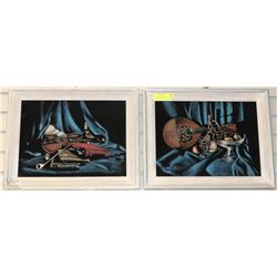 TWO VINTAGE VELVET PICTURES - MUSICAL INSTRUMENTS