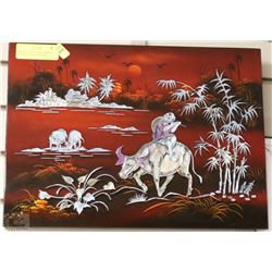 ORIENTAL ART - PAINTED WITH INLAID MOTHER OF PEARL