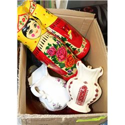 BOX OF UKRANIAN DISHWARE AND WOODEN UKRANIAN