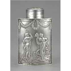 A continental teapoy, of bowed rectangular form, embossed with Regency couples dancing beneath la...