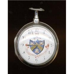 A silver pair cased pocket watch, the white enamelled dial with Roman numerals and dotted quarter...