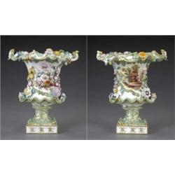 A Minton frilled campana vase, painted with a landscape with buildings, bridge and figures, the r...