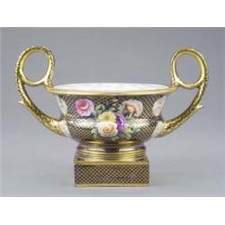 A Spode compressed campana shaped vase, pattern 1166, with gilt and blue scroll handles and on a...