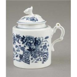 A Worcester cylindrical mustard pot and cover, with flower finial, painted with fence pattern in...