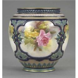 A Royal Worcester vase, with four panels painted with pink and yellow roses, by J. Flaxman, signe...
