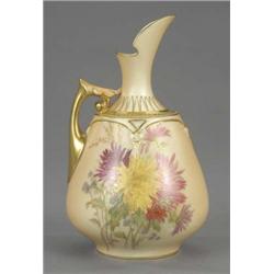 A Royal Worcester blush ivory bulbous ewer, painted with flower sprays, gilt highlights and borde...