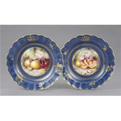 A Royal Worcester powder blue deep plate, the central circular reserve painted with apples, cherr...