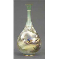 A Hadley's Worcester bottle shape vase, painted with pheasants in a panoramic landscape, by W. Po...