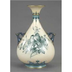 A Hadley's Worcester bottle shape vase, painted with finches on a rose branch in green on a blush...