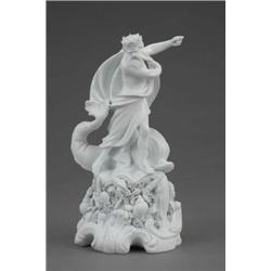 A Derby biscuit figure of Neptune, with flowing robe and dolphin, on shell encrusted base, 8.75in...