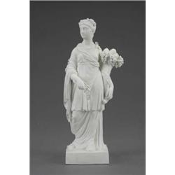 A Derby biscuit figure of Plenty, holding a cornucopia of fruit, on square base, 9.5in high, mark...