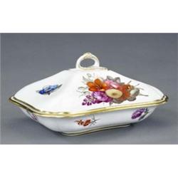 A pair of Bloor Derby cushion shape entree dishes and covers, painted with bold flower sprays on...