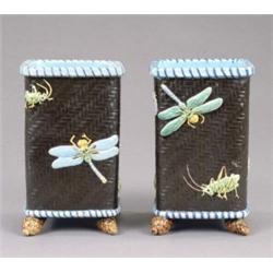 A pair of Minton majolica square vases, of moulded black wickerwork design, applied with dragonfl...