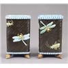 Image 1 : A pair of Minton majolica square vases, of moulded black wickerwork design, applied with dragonfl...