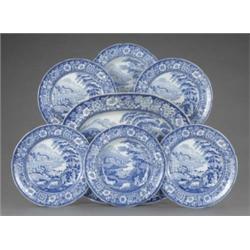 An oblong meat dish, printed in blue with a river valley landscape, a country house on the far ba...