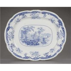 A large opaque china oval meat dish, printed with 'Chinese Marine' pattern in blue, gadrooned rim...