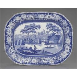 A stoneware canted oblong meat dish, printed with 'Wild Rose' pattern, the view of Nuneham Courtn...