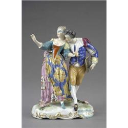 A French group, Blind Man's Bluff, with two 18th century figures, she wears a floral skirt and ap...