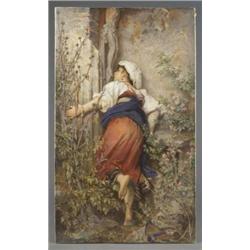 A fine large Dresden rectangular plaque, painted with a country girl kneeling at a wayside shrine...