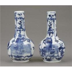 A pair of Chinese porcelain bottle shaped vases, painted in blue with ladies and with birds on br...
