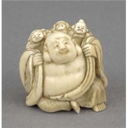 A Japanese ivory netsuke, carved as the smiling Hotei carrying a sack of figures on his back, sig...