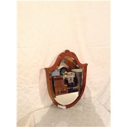 AMERICAN MAPLE FRAMED BEVELLED SHIELD SHAPE MIRROR