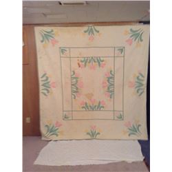 80x83 HAND STITCHED FLORAL DECORATED QUILT (STAINED)