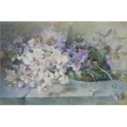 Beatrice M. Miller (20th Century), Still Life Of Sweet Peas In An Iridescent Glass Vase On A Ston...