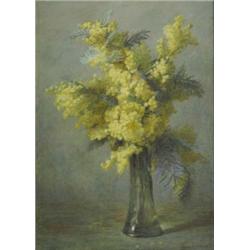 Marian L. Barnes (Exh. 1880 - 1913), Still Life Of Mimosa In A Tall Green Glass Vase, signed, wat...