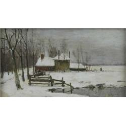 Geo Poggenbeek (1853 - 1903), Solitude, a snow covered landscape with old farm and tree lined lan...