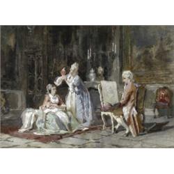 Camillo Rapetti (b.1858), A Tiresome Sitter, figures in a rich 18th century salon interior, signe...