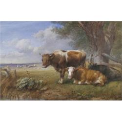 J** B** Willis (19th Century), Cattle Resting By A Pool, cattle, sheep and figure beyond, signed,...