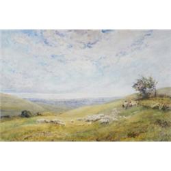 Robert Thorne Waite (1842 - 1935), Spring, The South Downs, shepherd and companion with dog benea...